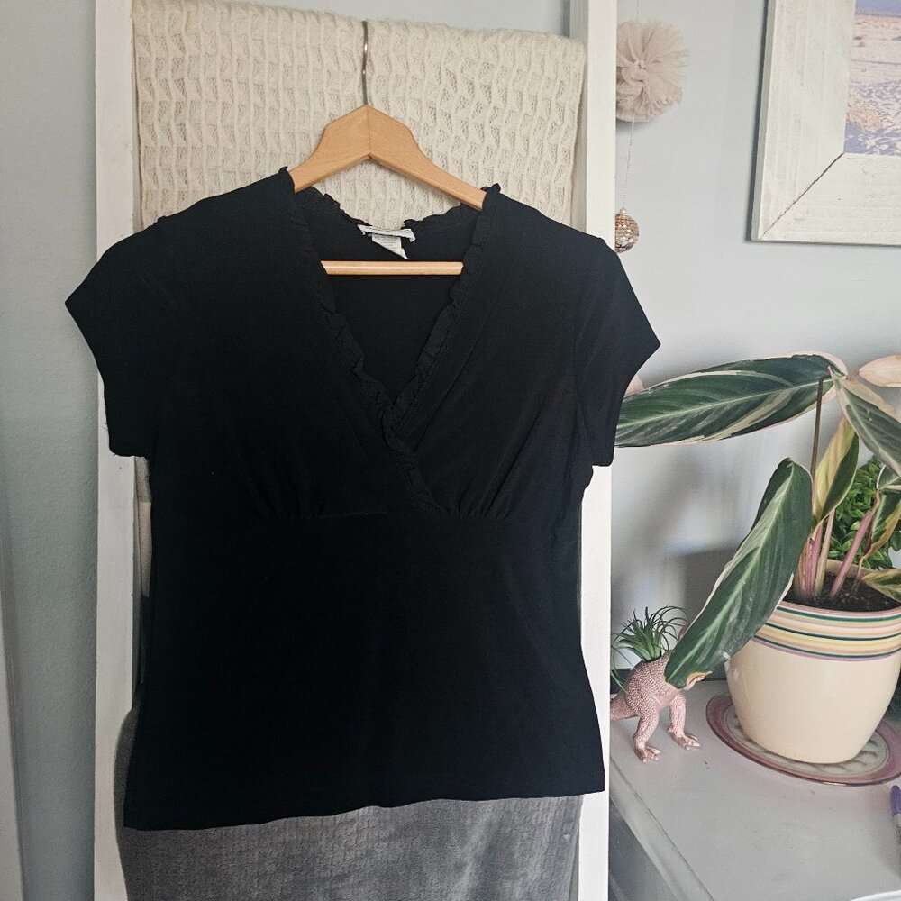 Claudia Richards Black Cross-Front Tee | Medium Petite | Ruffle Detail